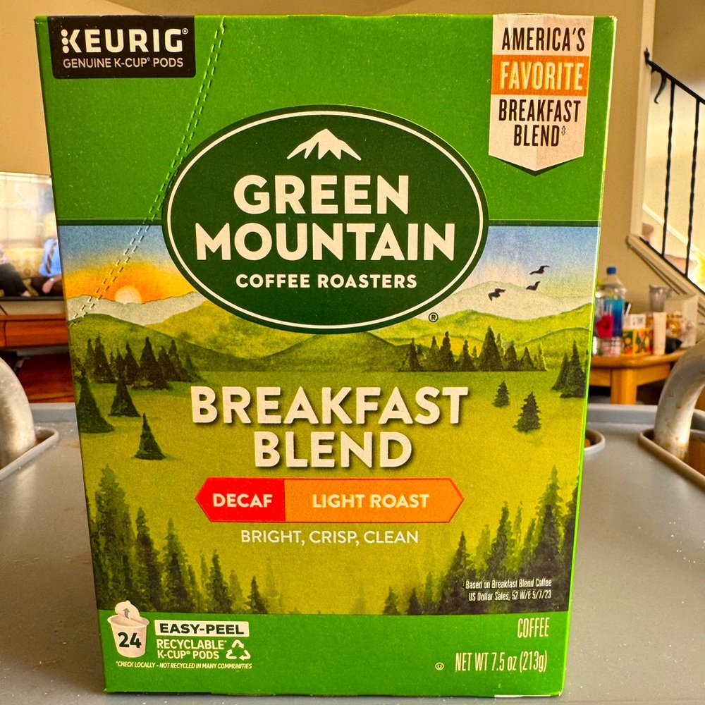 Lot of 7 boxes of Green mountain breakfast blend k- cups (decaf).